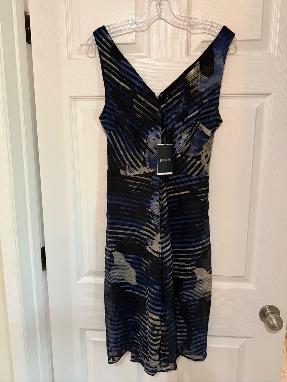 DKNY Navy, Black and Gray Abstract V-Neck Midi Dress